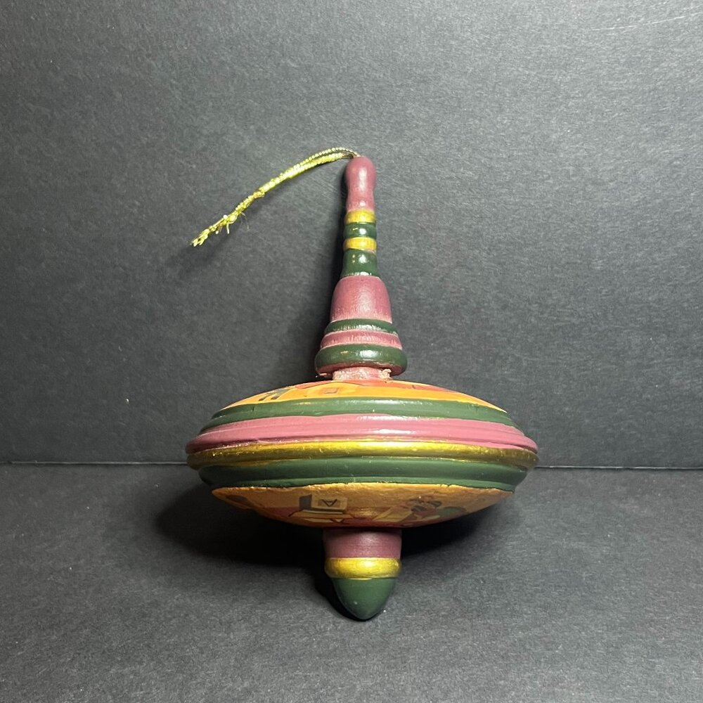 Vintage Wooden Hand Painted Striped Folk Art Spinning Top Christmas Ornament